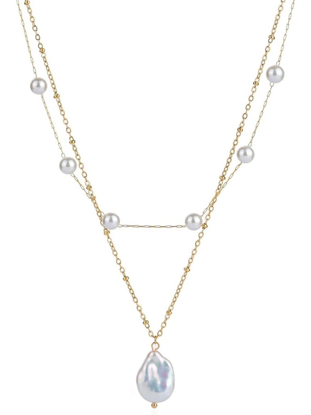 Dainty Layered Pearl Necklace Set - 18K Gold Plated Choker & Baroque Pearls